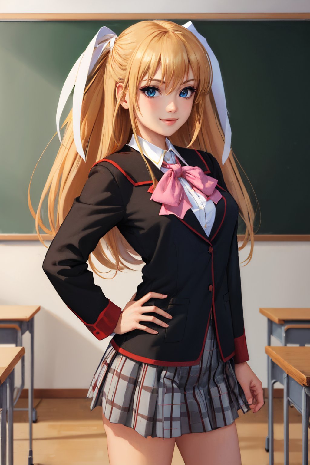 (masterpiece, best quality:1.2), solo, 1girl, tokido saya, smile, looking at viewer, hand on hip, twintails, hair ribbon, v-shaped eyebrows, school uniform, jacket, pink bow, plaid skirt, indoors, classroom <lora:littlebusters_tokido-10:1>