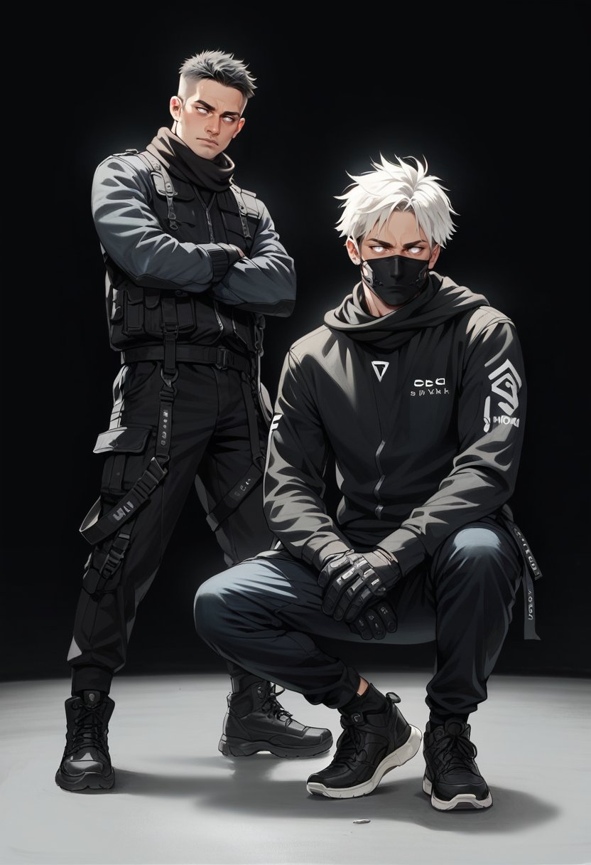 (score_9, score_8_up), score_7_up, zPDXL, gloves, 2boys, cowboy shot, standing, male focus, jacket, weapon, white hair, long black hair, male focus, shoes, pants, scarf, black footwear, arms crossed, squatting, black jacket, mask, black pants,  white eyes,  black background, simple background, <lora:dark_techwear-000016:0.9>