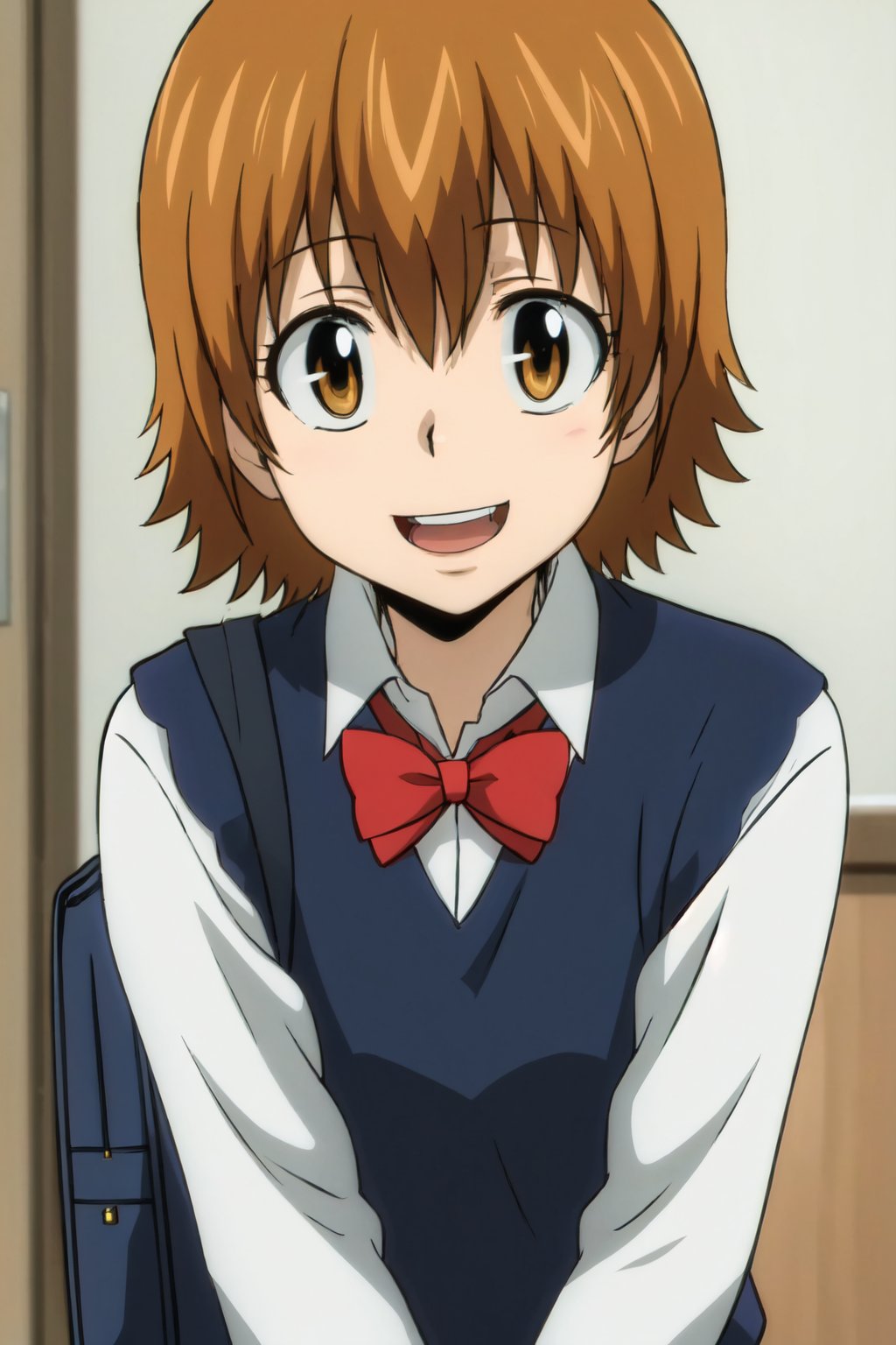 portrait, sharp focus, soft lighting,  (highly detailed face), (highly detailed eyes), illustration, depth of field, kyoko1,  looking at viewer, smile, short hair ,open mouth ,skirt, brown hair, shirt, long sleeves, bow ,brown eyes, school uniform ,white shirt, pleated skirt, bowtie ,bag, red bow, sweater vest, school bag   <lora:kyoko1-000003:0.75>  <lora:asanagi:0.35>