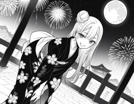 score_9, score_8_up, score_7_up, source_anime,marinkitagawa, <lora:marin-kitagawa-manga-ponyxl-lora-nochekaiser:1>,marin kitagawa, long hair, bangs, monochrome, greyscale,japanese clothes, kimono, bag, sash, obi, floral print, yukata, black kimono, hair bun, single hair bun,outdoors, shrine, night, moon, fireworks, smile, bent over,looking at viewer, cowboy shot, dutch angle, solo,