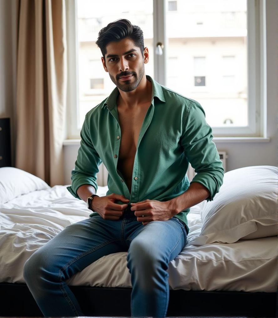 Smaran Sahu ,  He is unbuttoning his green shirt,  sitting on the edge of a black Ikea bed with white sheets by HottiesnHo...
