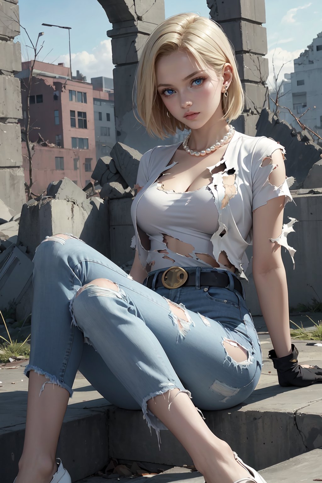 best quality, highres, and18, 1girl, android 18, solo, blonde hair, blue eyes, belt, jeans, pearl_necklace, bracelet, black gloves, white shirt, short hair, short sleeves, earrings, blue pants, open vest, black vest, large breasts, <lora:android_18_v110:0.5>, (ruins:1.3), (torn clothes:1.5), sitting, expressionless, crossed legs,