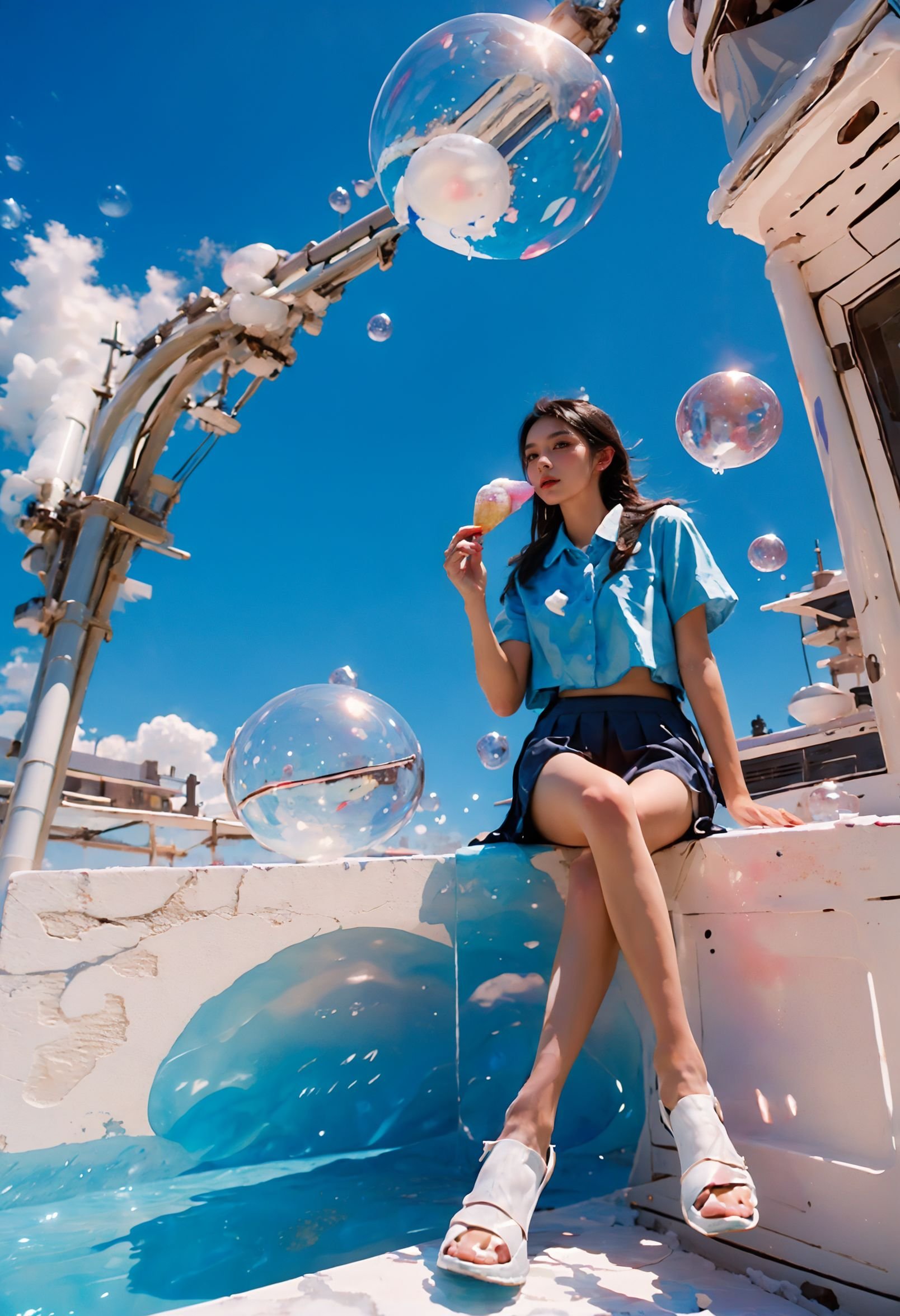 (best quality,official art,beautiful and aesthetic:1.2),(fractal art:1.2),offcial art,colorful,Colorful background,splash of color,movie perspective,advertising style,magazine cover,xuer popsicle,1girl,solo,long hair,skirt,shirt,black hair,holding,sitting,school uniform,white shirt,short sleeves,pleated skirt,outdoors,food,sky,shoes,day,collared shirt,cloud,black skirt,medium hair,water,blue sky,blue skirt,bare legs,ocean,sandals,white footwear,holding food,scenery,bubble,blue theme,water drop,ice cream,(air bubble:1.3),summer,whale,<lora:绪儿-雪糕 xuer popsicle:0.8>,