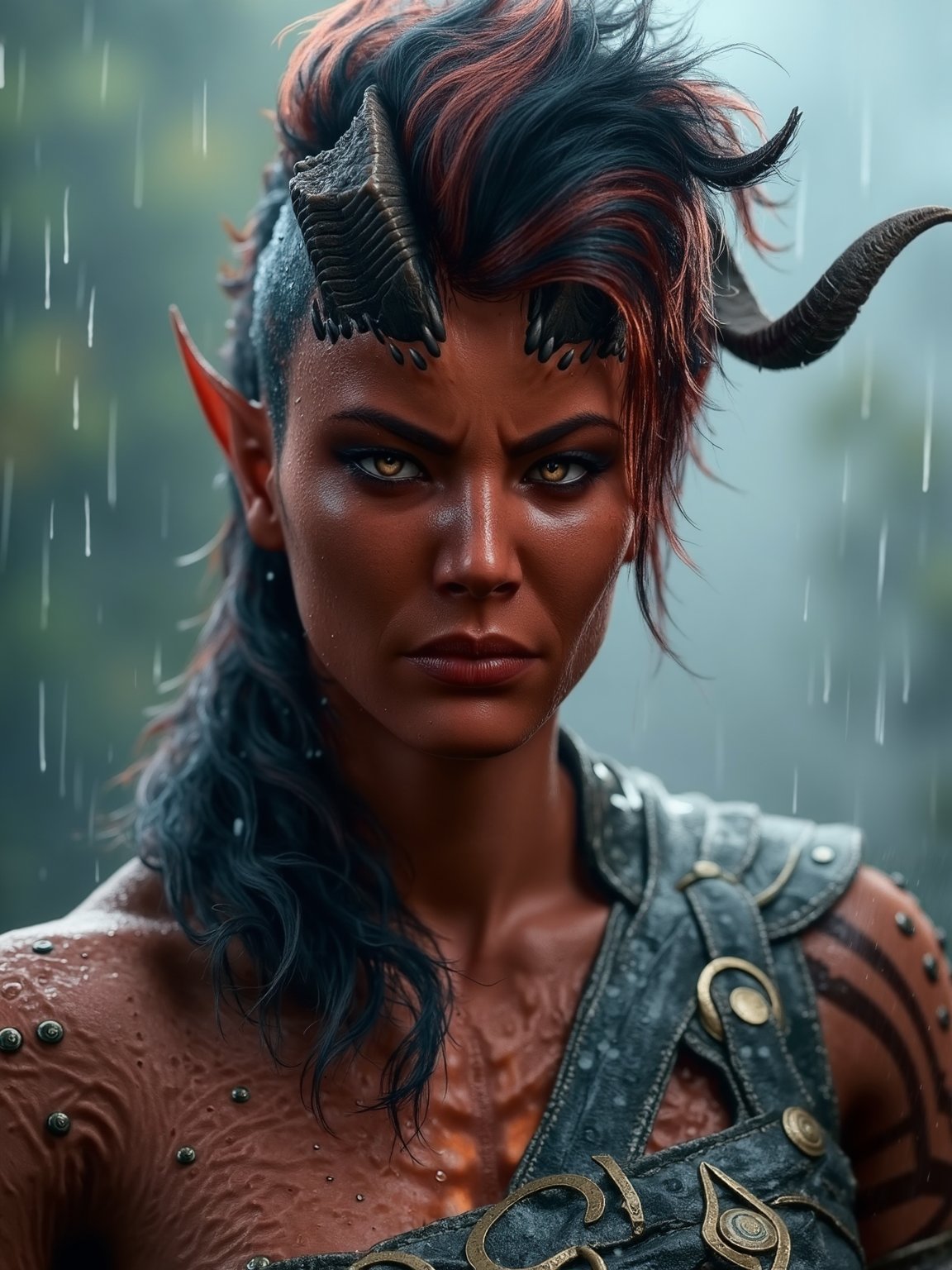 In this striking portrait, a woman stands under the relentless downpour, the rain cascading down her face and soaking through her clothes. Her hair, drenched and clinging to her skin, frames her face in wet tendrils. Droplets of water glisten on her skin, accentuating the curves of her face and the determined set of her jaw. Her eyes, focused and intense, seem to pierce through the rain, reflecting both strength and a quiet resolve. The background is a blurred mixture of grey clouds and streaks of falling rain, making her figure stand out in sharp contrast. The light, dim and muted by the rain, creates a moody atmosphere, highlighting the contours of her face and the subtle details in the fabric of her clothes as they cling to her form. Despite the storm raging around her, she remains unwavering, exuding a sense of defiance and grace in the midst of nature's fury., best quality, 4k, 8k, high resolution, cinematic, vibrant, intricate, Hyperrealistic, high detail