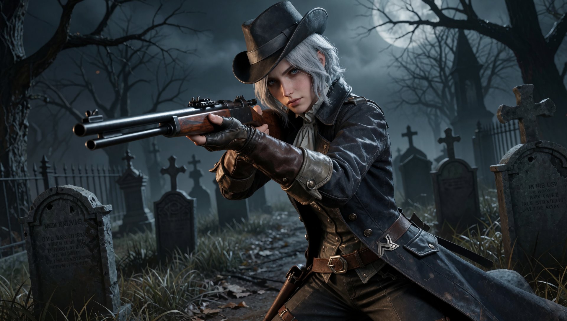 photorealistic image of Lady Marta as a sharpshooter,  silver hair under her hat,  in a dynamic rifle stance by Aderek514...