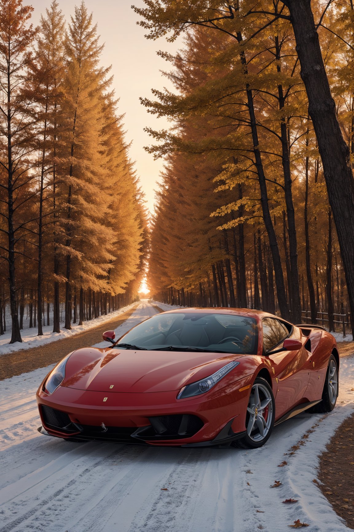 Ferrari,autumn forest, sunset, leaves falling, first snow,