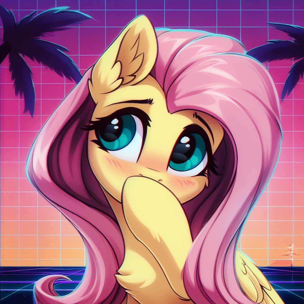 score_9, score_8_up, score_7_up, score_6_up, score_5_up, score_4_up, rating_safe, fluttershy, female, mare, pegasus, pony, solo, blushing, bust, chest fluff, cute, g4, high res, looking back, open mouth, portrait, tree, wings, grid, palm tree, ear fluff, looking away, shyabetes, abstract background, chromatic aberration, looking sideways, vaporwave, three quarter view, covering mouth, wing fluff, synthwave, <lora:Wholesome_MLP-v1.7:1>