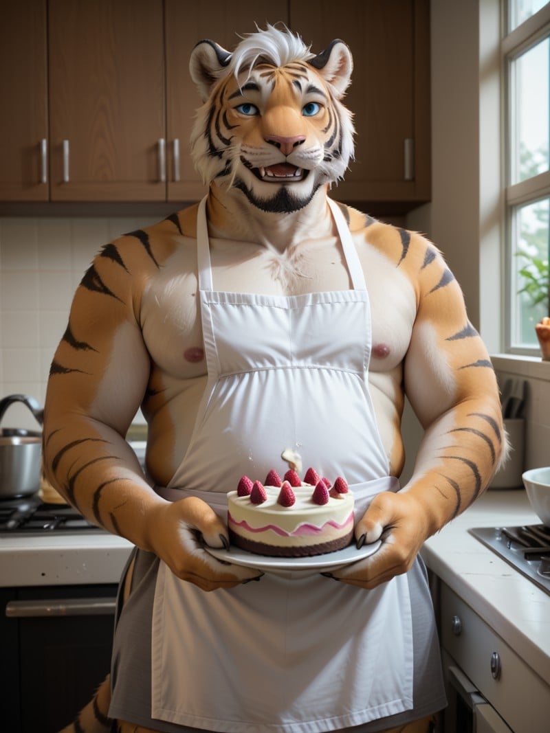 score_9, score_8_up, score_7_up, photorealistic, high quality, raw photo, furry, male, old, furry tiger, short medium hair, white hair, beard, blue eye, apron, baking cake, topless, moobs, fat, grey boxer, smile