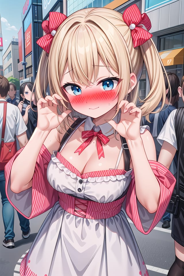 <lora:yudedako_v200:1>insanely detailed, absurdres, ultra-highres, ultra-detailed, best quality,1 girl, solo, nice hands, perfect handsBREAK(wearing harajuku-style coordinate),embarrassed, full face blush, closed mouth,dynamic pose, cowboy shot, looking at viewerBREAKslender, kawaii, perfect symmetrical face, ultra cute girl, ultra cute face, ultra detailed eyes, ultra detailed hair, ultra cute, ultra beautiful,in harajuku, shibuya, tokyo, street, crowd, cityscapemedium breasts, cleavageBREAK(blonde medium hair, blue eyes)