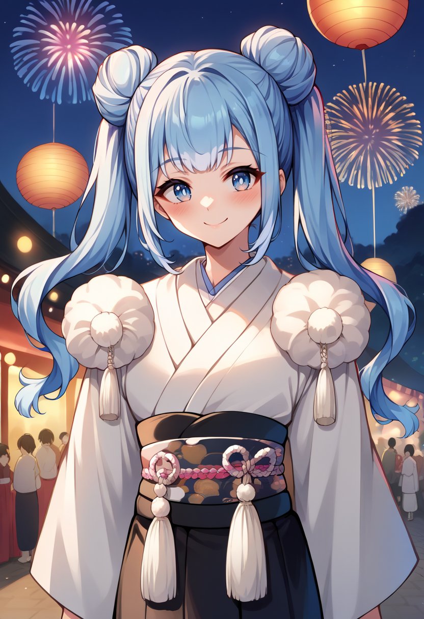 score_9, score_8_up, source_anime, 1girl, solo, KoboKimono, blue eyes, long hair, blue hair, double bun, twintails, white kimono, pom pom \(clothes\), sash, fur tim, black skirt, outdoors, night, festival, smile, blush, fireworks, <lora:Char-KoboKanaeruPonyXL:1>