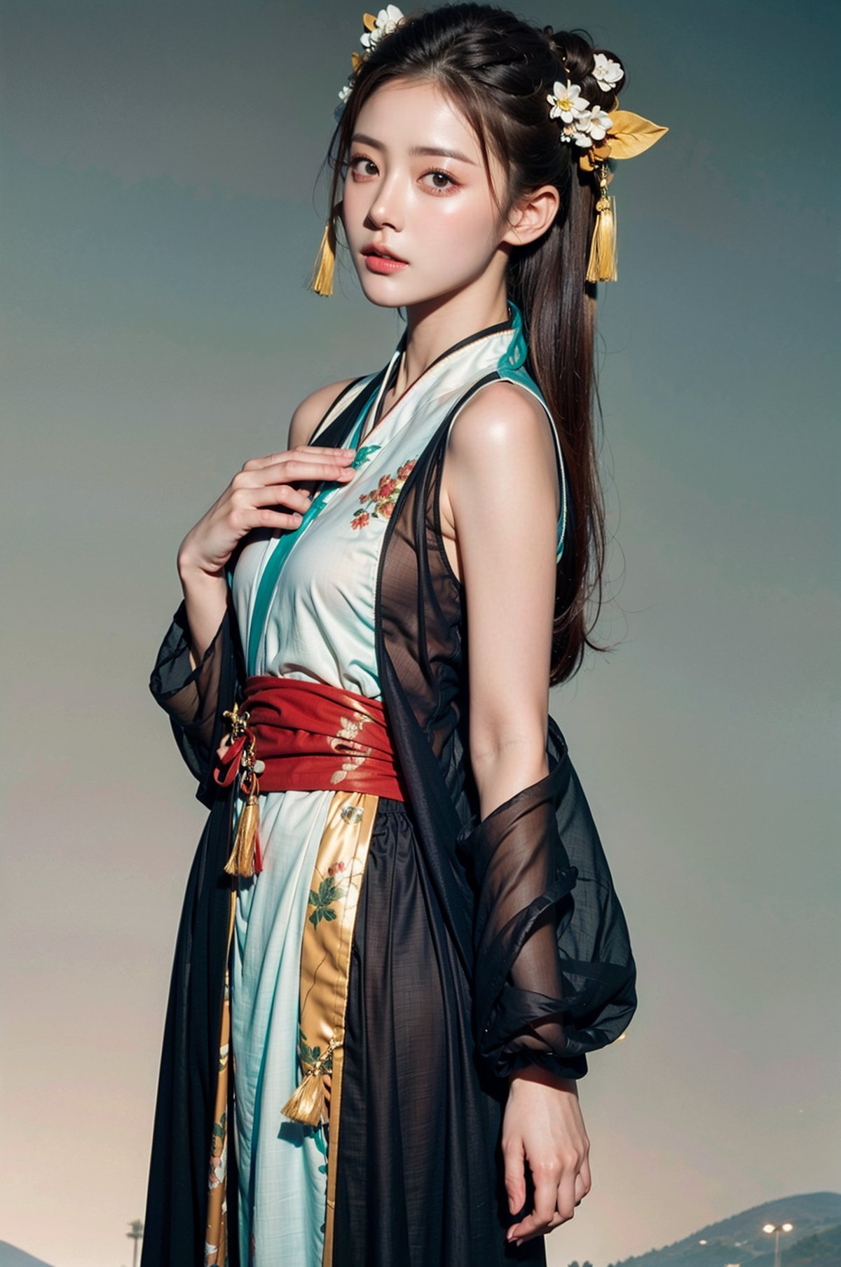 1girl,Hanfu,cloud,blue sky,looking at viewer,photorealistic,realistic,solo,