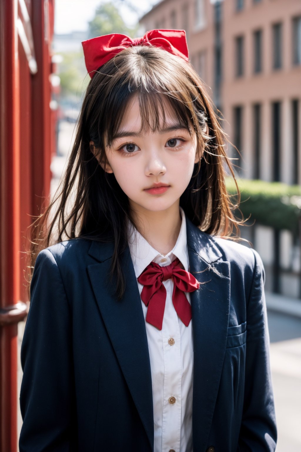 A pensive schoolgirl with a bow in her hair and wearing a dark blazer over a white shirt with a red ribbon tie looks away thoughtfully. The soft daylight accentuates her youthful innocence.,eyes look down,