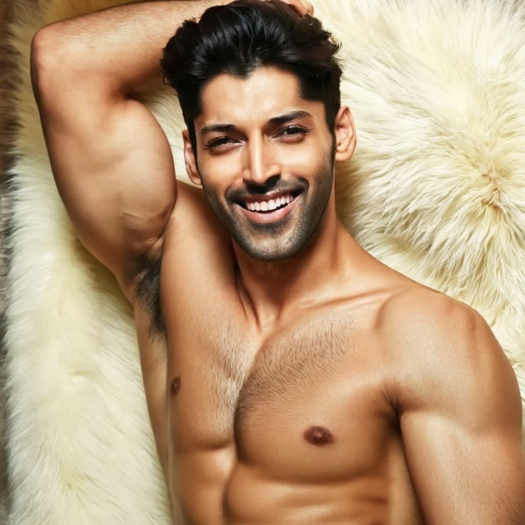 mahesh jadu a man ,  naked lying on a fur rug,  Erotic 4K photograph by HottiesnHotties on Tensor.Art