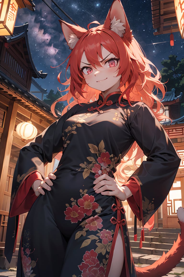 best hands,wide Shot,best quality,(masterpiece,ultra detailed 8k art),Fluffy, (focus 1 girl,close-up face),smile,red cat ear, pink eyes, angry, chinese clothes, hand on hip, old dilapidated building, wavy hair,cat tail, lantern, China, (outdoor), (milky way, midnight)