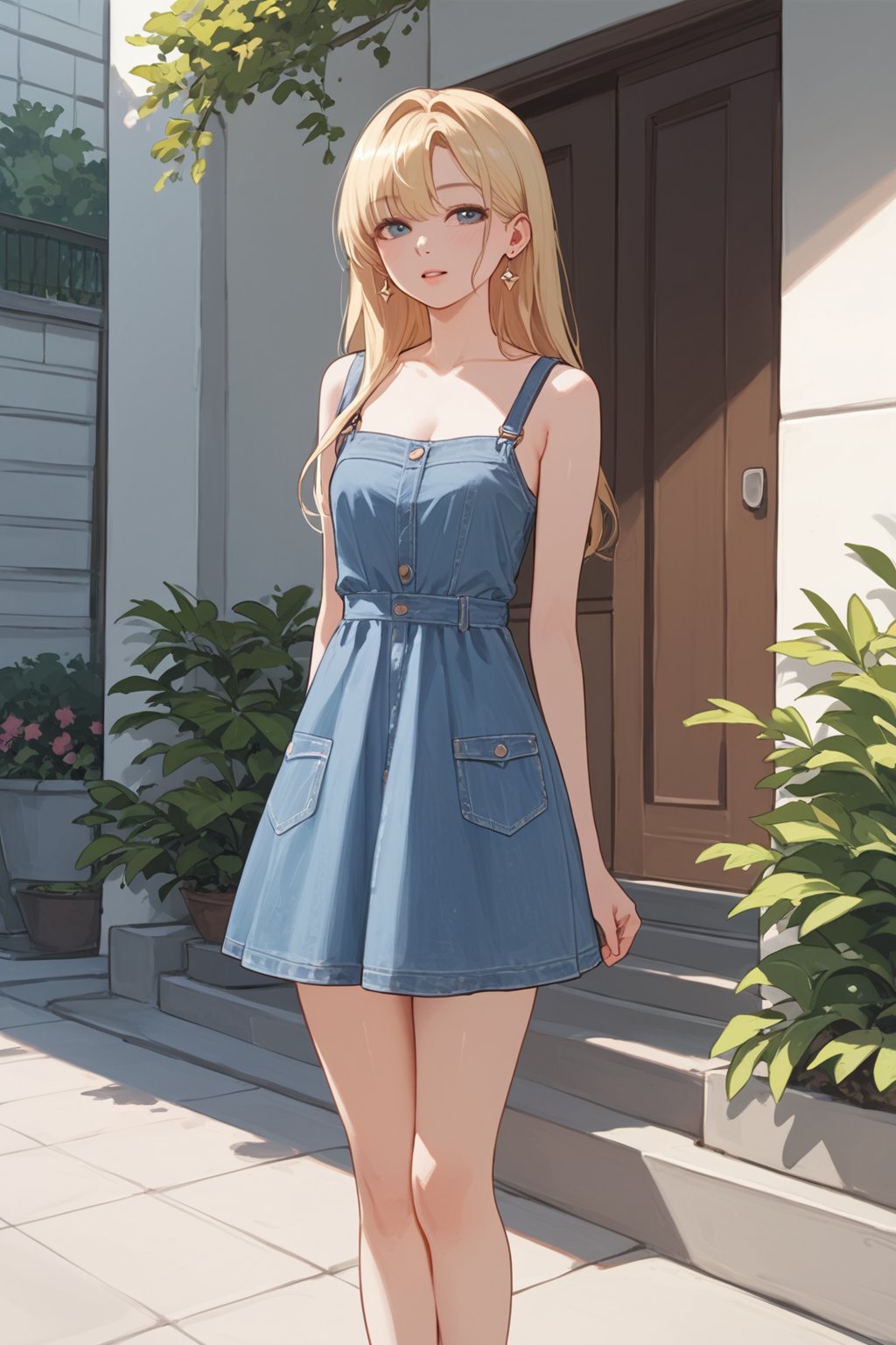 score_9,score_8_up,score_7_up,source_anime,Denim overall sundress with adjustable shoulder straps,Korean girl,