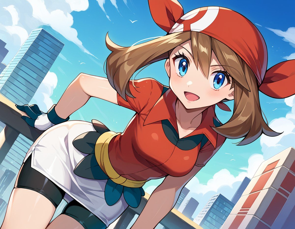 score_9, score_8_up, score_7_up, source_anime,pokemonmay, <lora:pokemon-may-ponyxl-lora-nochekaiser:1>pokemonmay, blue eyes, brown hair, bandana, long hair, red bandana, twintails, hair between eyes,bike shorts, collared shirt, gloves, microskirt, multicolored shirt, pencil skirt, red shirt, shirt, short sleeves, skirt, white skirt,outdoors, cityscape, bent over,looking at viewer, cowboy shot, dutch angle,