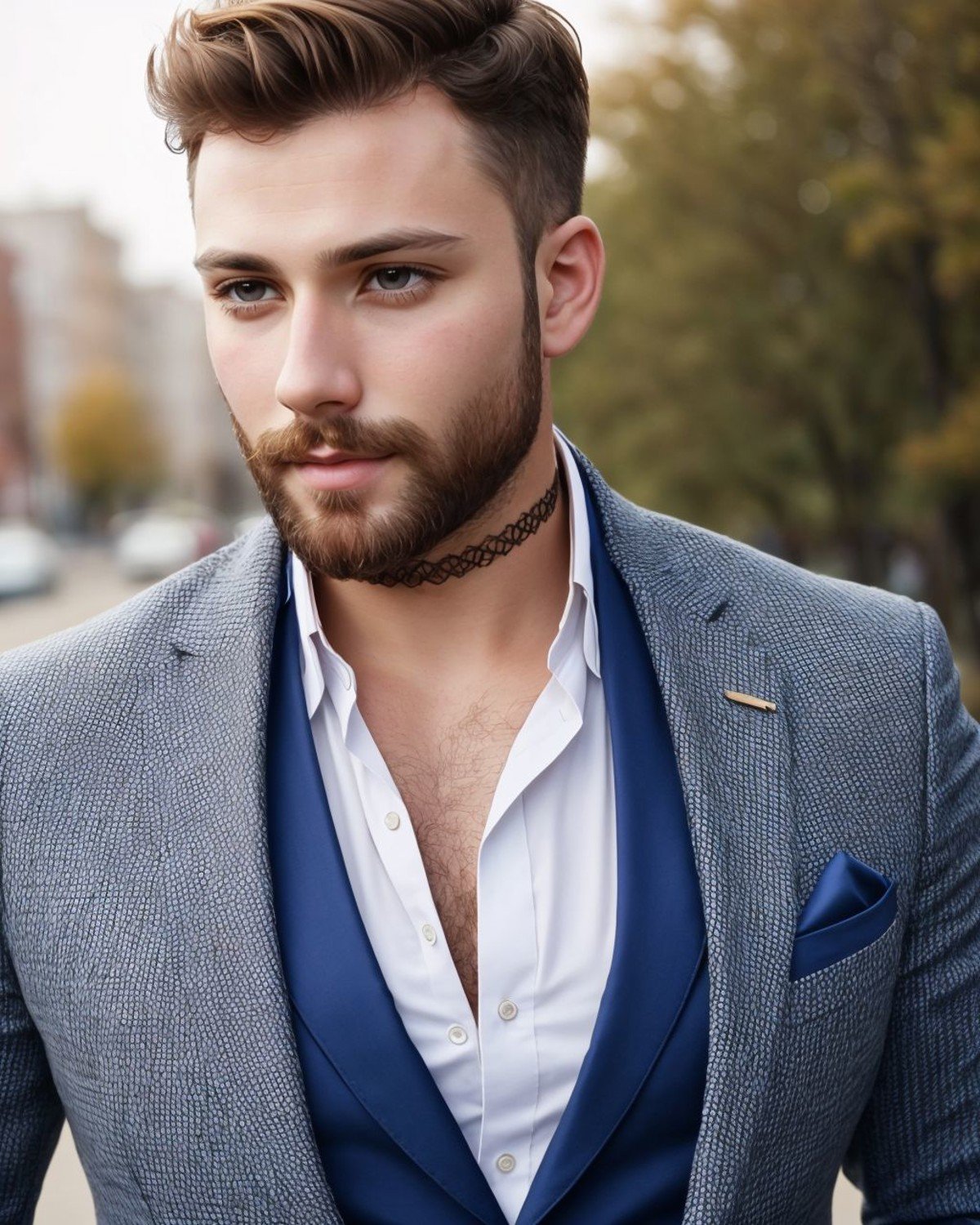 <lora:black_tattoo_choker_0.2:1>photo of a man, suit, masculine, beard, choker, highly detailed, hyper realistic texture human skin