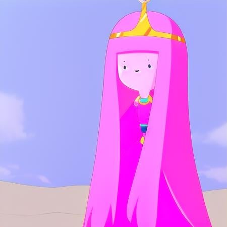 <lora:bubblegum-08:0.9>, p_bubblegum, 1girl, pink hair, long hair, full body, colored skin, tiara, pink skin