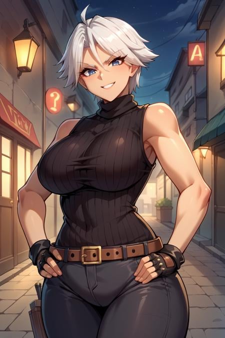 score_9, score_8_up, score_7_up, score_6_up, source_anime, BREAK 1girl <lora:doachristie-pdxl-nvwls-v1-000006:1> doachristie, white hair, black sweater, sleeveless, turtleneck, belt, black pants, black gloves, fingerless gloves, large breasts, hand on hip, smirk, looking at viewer, night sky, alleyway