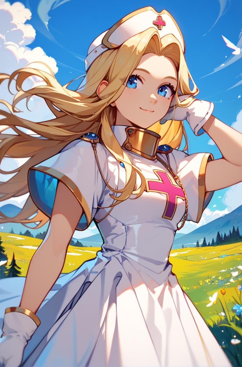 score_9, score_8_up, score_7_up, source_anime, mountains, cowboy shot, upper body, adjusting hair, looking sideways, floating hair, light smile,<lora:mint_autismConfetti_v03:0.9>mintBase, blonde hair, long hair, blue eyes, parted bangs, white dress, short sleeves, white gloves, white cap, white footwear,  zPDXL, zPDXL