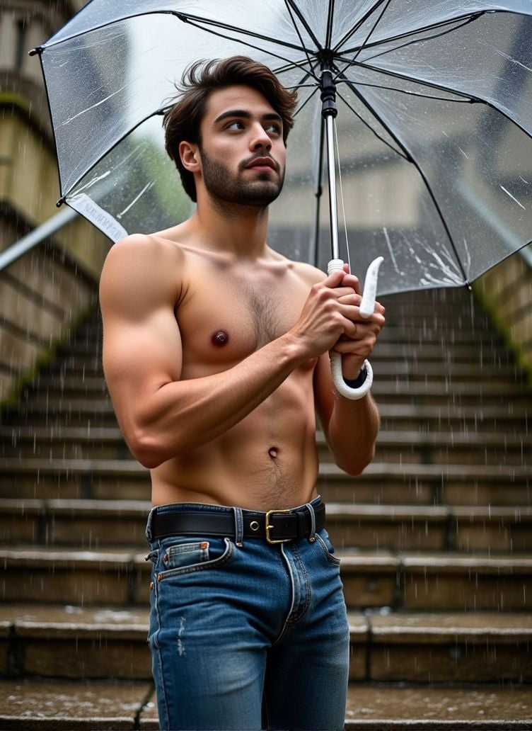 Jules Bouyer ,  stands on a large stone staircase. the rainwater cascading on the steps. He holds a transparent umbrella i...