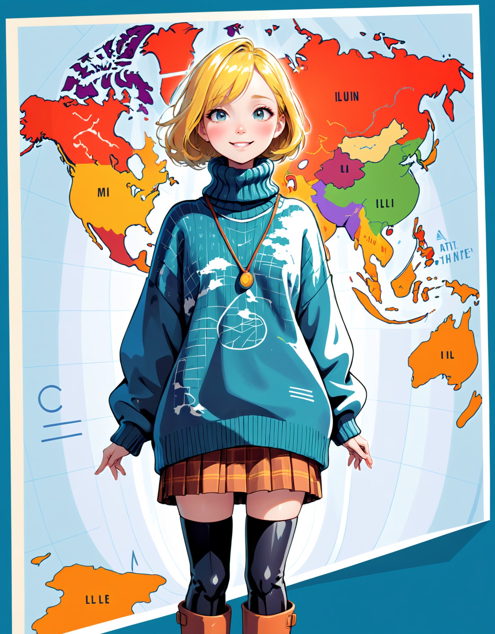 Image type of illustration:A cheerful weather presenter, styled with a high-necked oversized sweater, standing confidently in front of a map backdrop. Her oversized, cozy sweater is a vibrant color, paired with a stylish skirt and knee-high boots, radiating a warm and approachable aura suitable for any cuddly animal forecast.