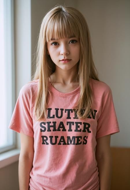 score_9,score_8_up,score_7_up,score_6_up BREAK source_real,raw,photo,realistic BREAK 1girl,solo,long hair,bangs,blonde hair,brown hair,shirt,brown eyes,standing,collarbone,short sleeves,cowboy shot,indoors,blunt bangs,bottomless,t-shirt,red shirt,clothes writing,pink shirt,shirt tug,