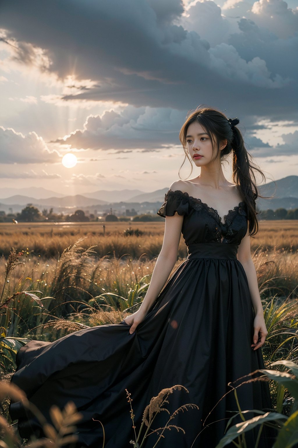 masterpiece, best quality, realistic,1girl,long hair,(twintails:1.3),red hair ribbon,solo,black dress,a gray sky,black butterfly,field,outdoors,sky,face to view,film grain,film overlay,morning glow,pastel sky,cool tones,sun rays,soft light,peaceful atmosphere,