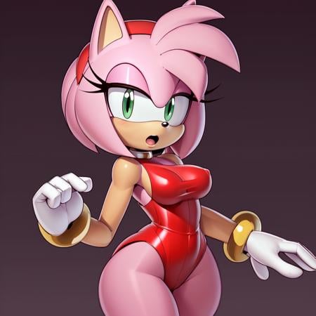 <lora:AmyRose1:1>, (masterpiece best quality:1.2), hdr, (uploaded on e621), (((by pakwan008, by chadthecartoonnut, by marthedog)), amy rose, 1girl, breasts, looking at viewer, blush, open mouth, simple background, gloves, white background, bare shoulders, jewelry, medium breasts, pantyhose, cowboy shot, hairband, sleeveless, white gloves, skin tone arms, bracelet, leotard, sketch, sideboob, furry, wide hips, furry female, red hairband, red leotard, solo, sonic the hedgehog \(series\), green eyes, animal ears, pink hair, pink fur, short hair, animal nose