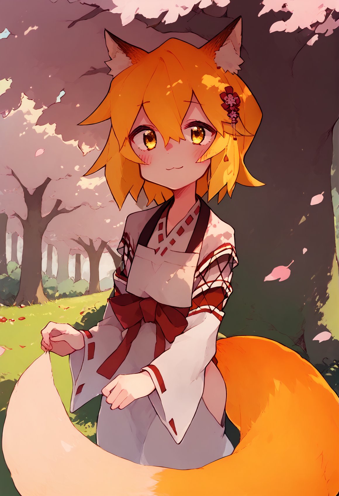 (score_9), score_8_up, score_7_up, zPDXL, <lora:senko_ponyxl_v2:1>, sen, blonde hair, animal ears, fox ears, blush, animal ear fluff, hair ornament, fox girl, hair flower, hair between eyes, short hair, fox tail, tail, flat chest, yellow eyes, miko, japanese clothes, ribbon mesh sleeves, outdoors, cherry blossom, forest, morning, falling leaves, smile, looking up, cowboy shot, rimukoro, <lora:Rimukoro_Style_XL_Pony-11:1>