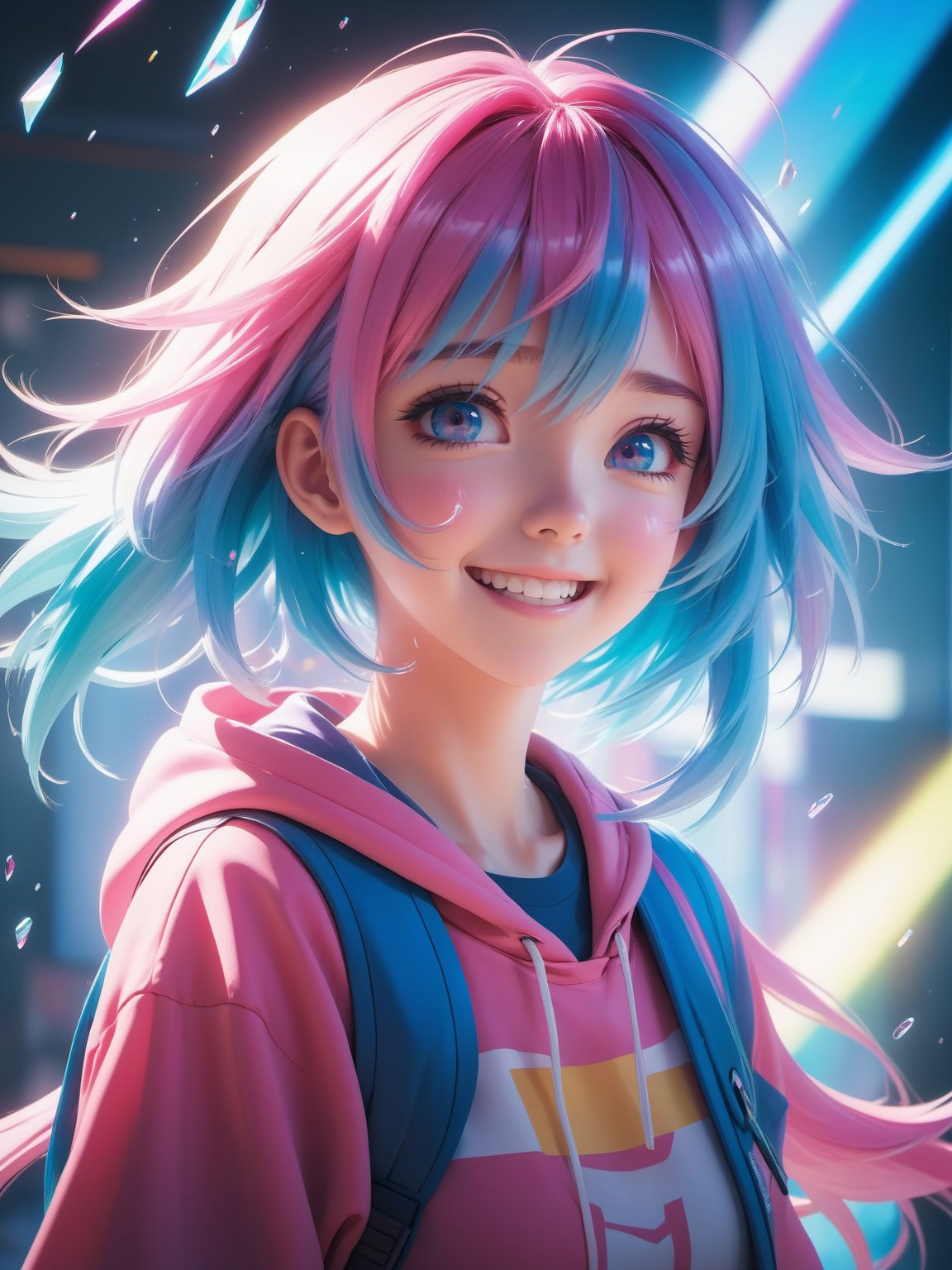 Best quality,masterpiece,1gril,hand,tears,pink and blue hair,smile,medium hair,room,film grain,glitch,lens_flare,colorful,chromatic aberration,super wide angle,dynamic pov,closed mouth,Intense emotional expression: death,amazing quality,absurdres,anime,very aesthetic,