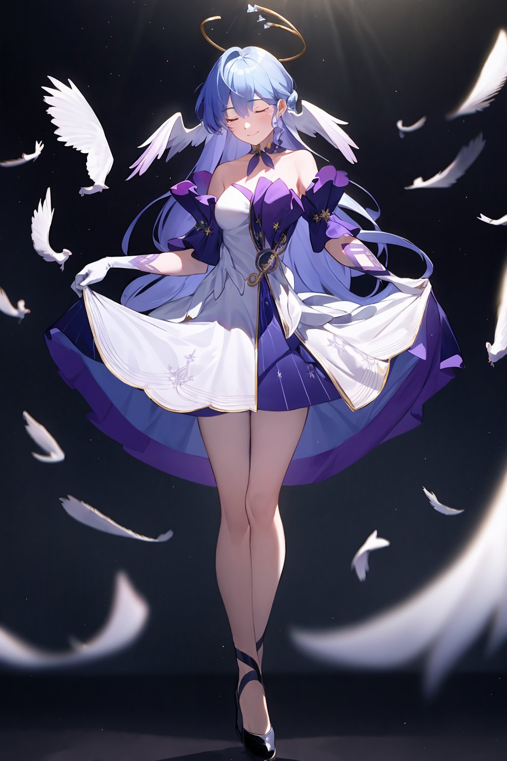 masterpiece, best quality,  <lora:robin:1>,1girl, long hair, dress, closed eyes, solo, blue hair, halo, full body, wings, skirt hold, gloves, very long hair, blue dress, bangs, bare shoulders, breasts, closed mouth, standing, feathered wings, black footwear, medium breasts, smile