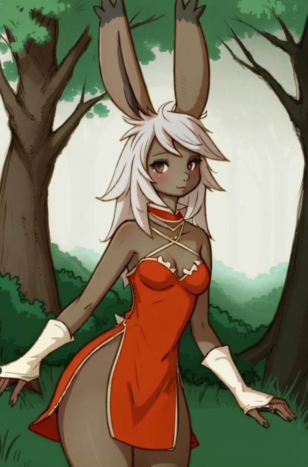 (anthro furry:1.2), VieraCzar, (viera, dark skin, brown eyes, random hair length, dress, slit dress), (forest), (masterpiece:1.2), hires, ultra-high resolution, 8K, high quality, (sharp focus:1.2), clean, crisp, cinematic, <lora:VieraFFTA-14:1>