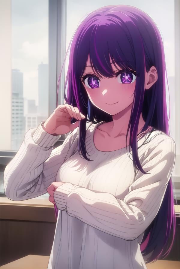 aihoshino, <lora:ai hoshino s1-lora-nochekaiser:1>,ai hoshino, long hair, bangs, (purple eyes:1.1), purple hair, (symbol-shaped pupils:1.5), smile,BREAK long sleeves, sweater, ribbed sweater, camisole, white camisole,BREAK indoors,BREAK looking at viewer, (cowboy shot:1.5),BREAK <lyco:GoodHands-beta2:1>, (masterpiece:1.2), best quality, high resolution, unity 8k wallpaper, (illustration:0.8), (beautiful detailed eyes:1.6), extremely detailed face, perfect lighting, extremely detailed CG, (perfect hands, perfect anatomy),