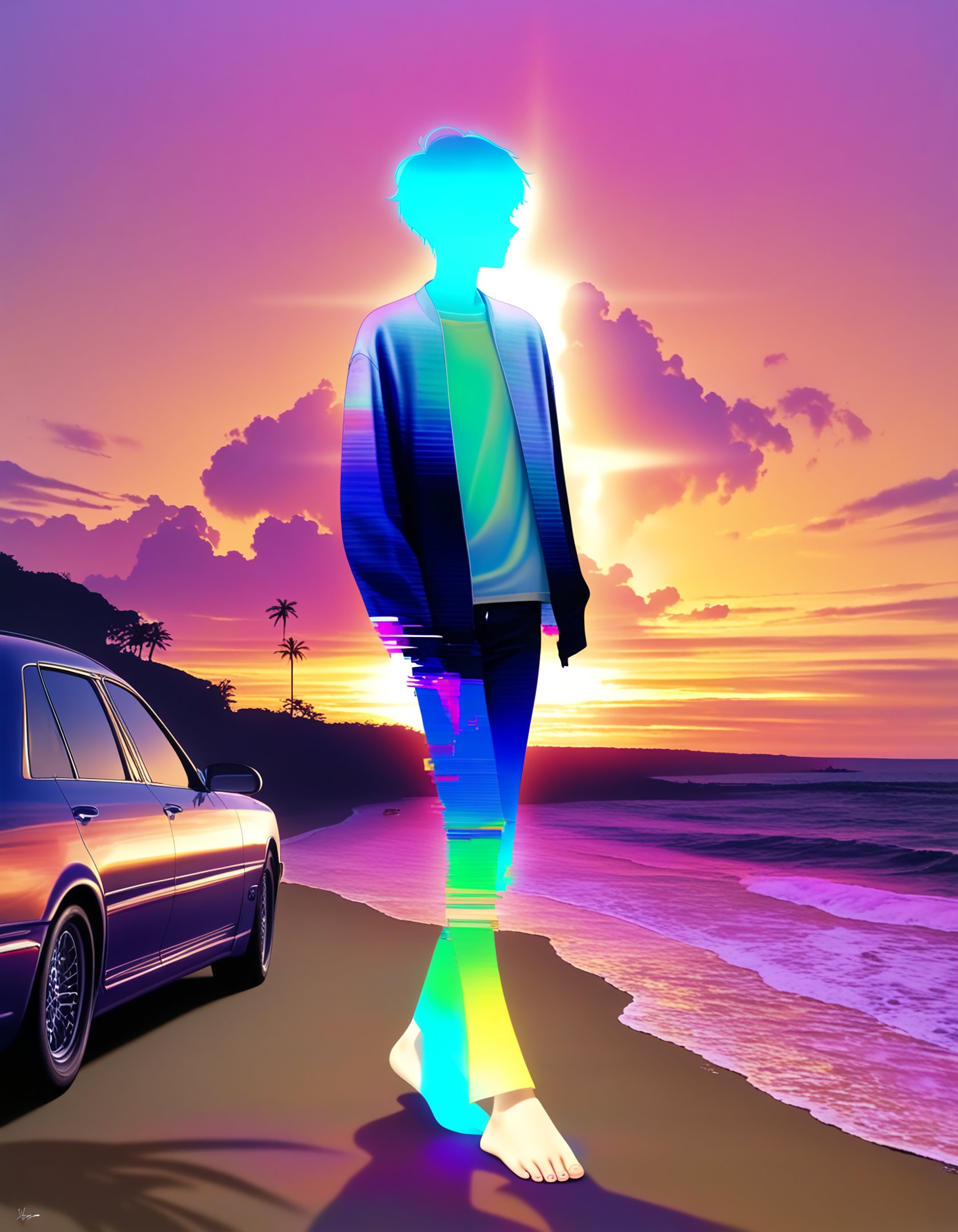 best quality, masterpiece, absurdres, fashion, by (murata_range:0.9), summer, beach, shore, sunset, car, 1boy, glitch iridescent aura, glowing sky, dark, silhouette