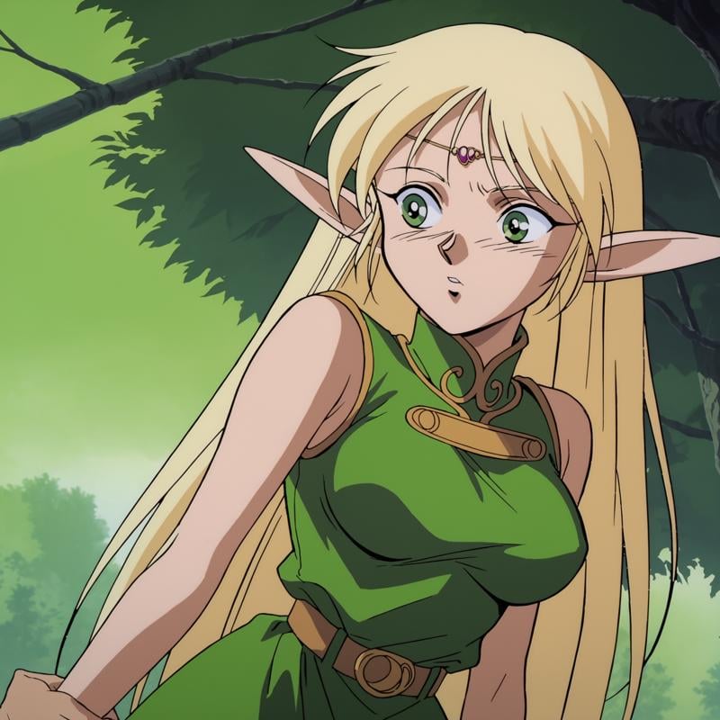 score_9, score_8_up, score_7_up, centered, source anime, retro artstyle, 1990s \(style\), deedlit, anime screencap, 1girl, elf, pointy ears, blonde hair, very long hair, green eyes, large breasts, circlet, sleeveless, green dress, short dress, belt, gold hemming, kidnapping, <lora:Deedlit:0.9>