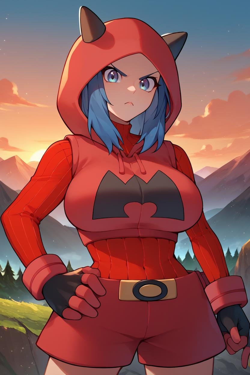 score_9, score_8_up, score_7_up, score_6_up, source_anime BREAK 1girl, <lora:pkmntmg-pdxl-nvwls-v1-000005:1> pkmntmg, hood, blue hair, fake horns, red hoodie, turtleneck, ribbed sweater, red shorts, gloves, (big breasts:0.8), mountains, sunset, looking at you, serious, hand on hip