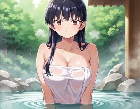 score_9, score_8_up, score_7_up, source_anime, annayamada, <lora:anna-yamada-s2-ponyxl-lora-nochekaiser:1>, anna yamada, long hair, bangs, black hair, brown eyes,nude, naked, outdoors, onsen, towel, naked towel, steam, bathing, nude cover, partially submerged, water, bath, steam censor, wet towel,looking at viewer, cowboy shot, dutch angle,