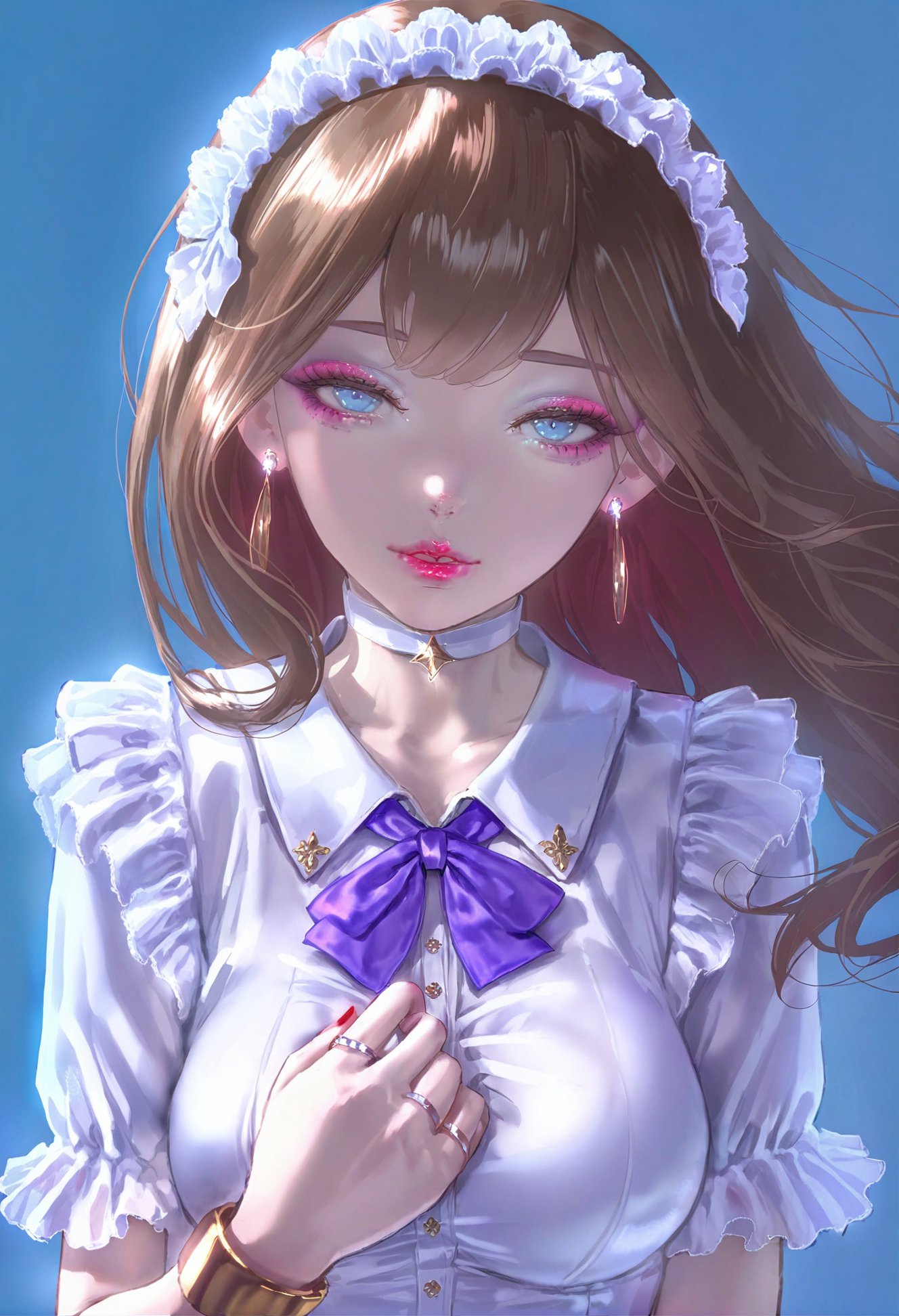 masterpiece, best quality,1girl,   solo, brown hair, jewelry, earrings, blue eyes, looking at viewer, floating hair, see-through, long hair, bangs, hair between eyes, breasts, upper body, ring, frills, wrist cuffs, closed mouth, shirt tie, makeup, pink lips, white shirt, purple eyeliner, simple background, long bangs, frilled shirt, straight hair, straight-on, v-neck, collared shirt, cleavage, blue background, lipstick, eyeliner, smeared lipstick, shirt, mature female, large breasts, expressionless, hairband, sanpaku, red nails <lora:1111111XLlokr8f-000187:0.95>