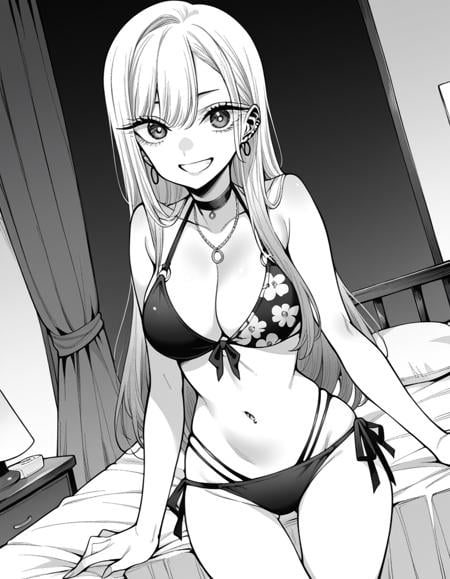 score_9, score_8_up, score_7_up, source_anime,marinkitagawa, <lora:marin-kitagawa-manga-ponyxl-lora-nochekaiser:1>,marin kitagawa, long hair, bangs, monochrome, greyscale,navel, cleavage, jewelry, swimsuit, bikini, earrings, choker, necklace, black bikini, side-tie bikini bottom, halterneck, black choker, piercing, floral print, ear piercing, string bikini, print bikini, multi-strapped bikini, barbell piercing, industrial piercing,indoors, bed, bed room, smile,looking at viewer, cowboy shot, dutch angle, solo,