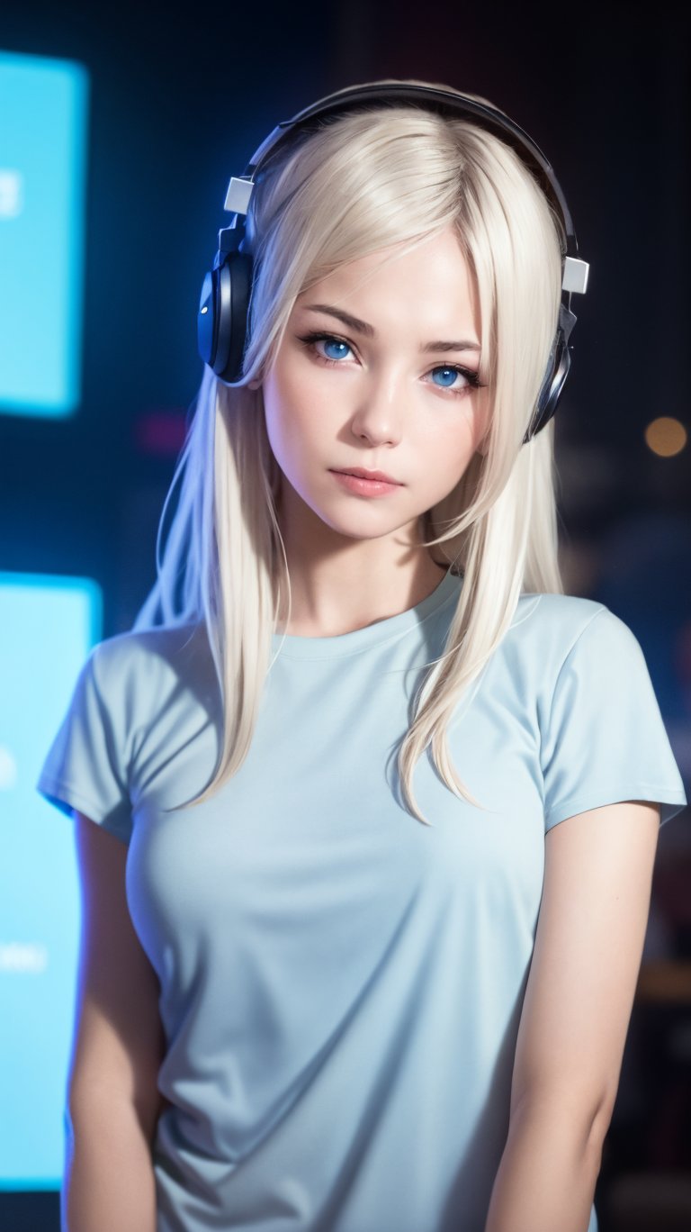 1girl, solo, black_blonde_hair, long_hair, headphones, realistic, shirt, look_at_viewer, blue_eyes, lips, blurry, upper_body, white_shirt, closed_mouth, smile, body is front on camera, straight_body, fell the song expression, closed_eyes,