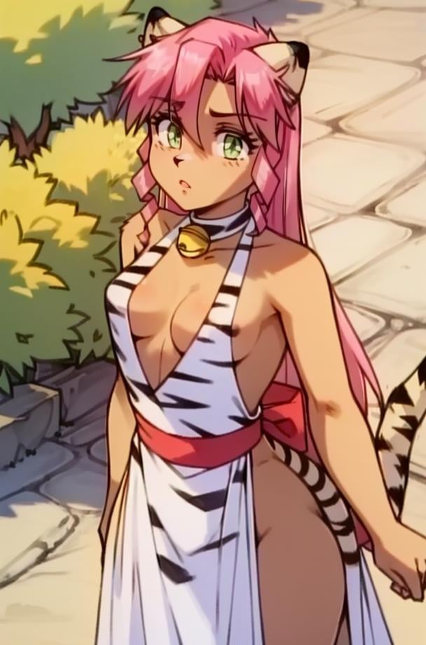 1girl, PinkCzar, ((white tiger ears), (white tiger tail), long hair, pink hair, sidelocks, green eyes, small breasts, choker, bell), (tiger print, slit dress, red sash), (masterpiece:1.2), hires, (detailed face:1.2), (detailed eyes:1.2), ultra-high resolution, 8K, high quality, (sharp focus:1.2), clean, crisp, cinematic, <lora:Pink-18:1>