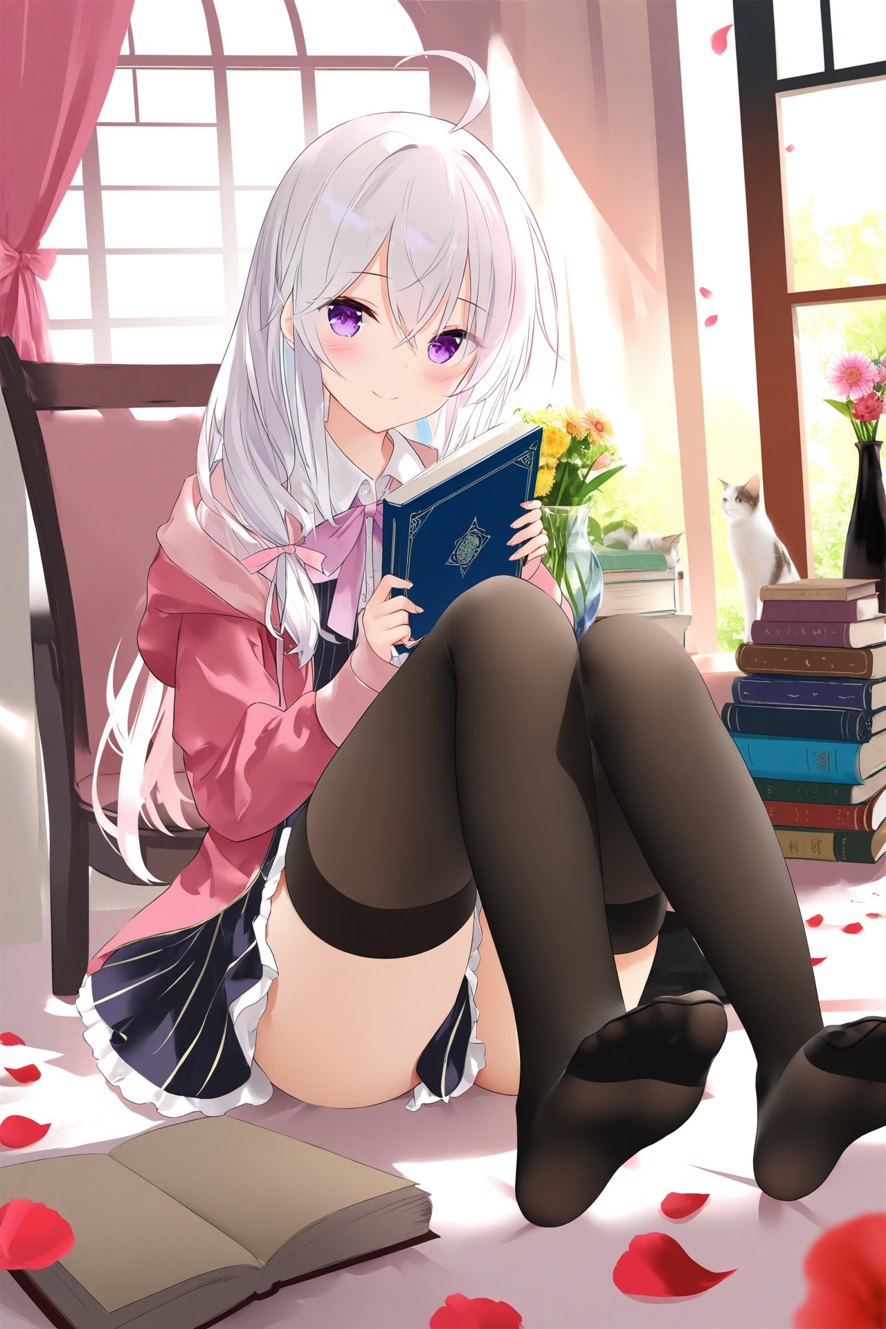 masterpiece,best quality,illustration,ultra detailed,hdr,Depth of field,(colorful),[Artist wlop],[Artist chen bin],[Artist omone hokoma agm],Artist azuuru,elaina \(majo no tabitabi\),1girl,ahoge,thighhighs,book,cat,window,smile,solo,sitting,flower,cup,long hair,black thighhighs,holding,indoors,hair between eyes,purple eyes,striped dress,white hair,day,bow,closed mouth,butterfly,ribbon,long sleeves,vertical-striped dress,petals,dress,vase,no shoes,holding cup,blush,knees up,bug,jacket,cover image,hair ribbon,looking at viewer,hair over shoulder,animal,collared shirt,shirt,holding book,soles,book stack,