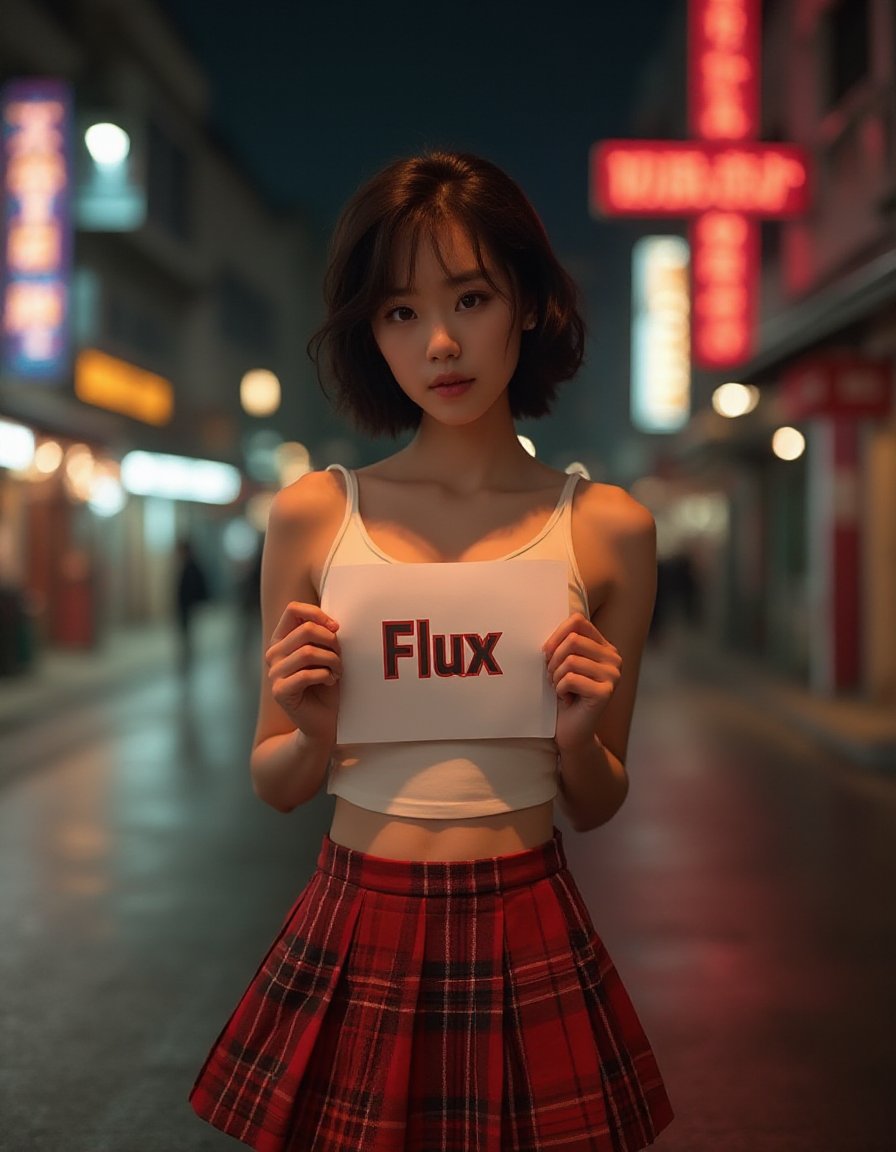 A hyper-realistic photograph of an incredibly beautiful 18-year-old Chinese girl with short, stylish black hair, standing confidently on a dimly lit urban street at night. She is facing the viewer directly, with a super elegant and strong posture. She is wearing a tight-fitting white tank top that highlights her healthy, toned figure, paired with a red plaid pleated mini skirt that adds a touch of youthful energy to her look. One of her hands is elegantly crossed behind her back, while the other hand is holding a piece of paper flatly in front of her chest, with her fingers gently gripping the edges. The paper prominently displays 'Flux' in bold, large lettering, making it easily readable and adding emphasis to the message. Her face, embodying cure beauty and exuding a (Charming Face:1.2), is focused on the viewer, creating a captivating connection. The streetlights cast a soft, warm glow on her smooth, porcelain-like skin, while the distant neon signs flicker in the background, reflecting off the wet pavement. The scene captures the subtle details of her outfit, from the delicate folds of her skirt to the slight shimmer of the fabric under the streetlights, creating a lifelike, almost indistinguishable-from-reality effect. The overall atmosphere is one of quiet intensity, with the urban nightscape enhancing the sense of elegance and purpose in her presence,sexy,(a faint smile:0.5),8k,triangular face,