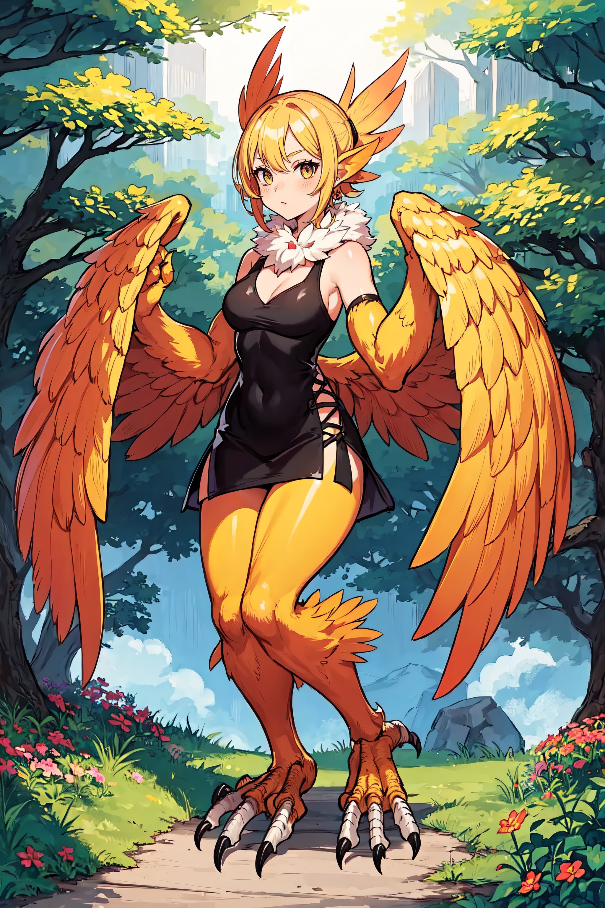 1girl, harpy, feathered wings, talons, fur, full body, outdoors,