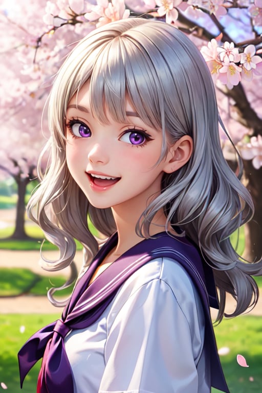 (masterpiece),scenery,school,cherry blossoms,petals,1girl,sailor,wavy hair,smile,open mouth,silver hair,purple eyes,looking at viewer