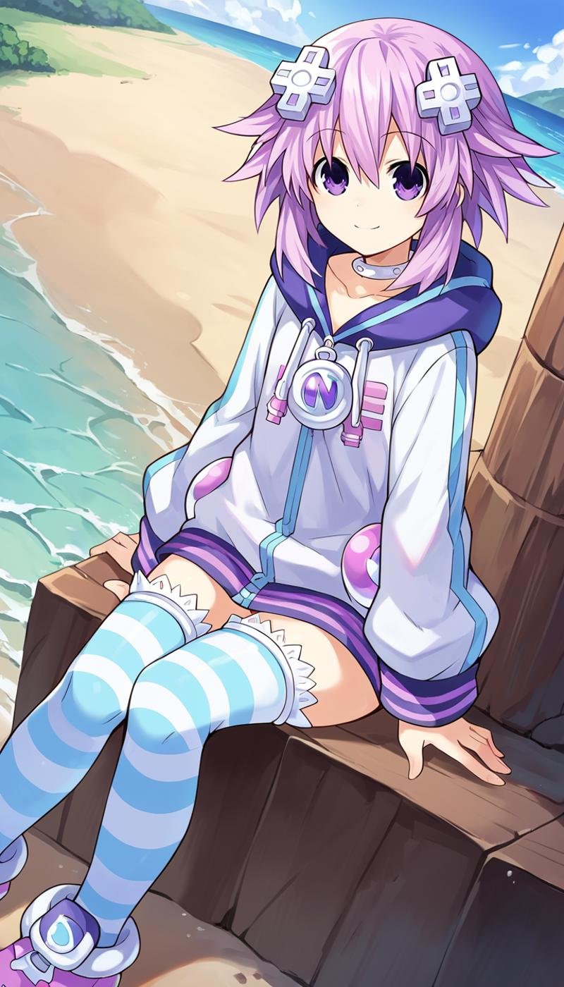 score_9, score_8_up, score_7_up, score_6_up, score_5_up, source_anime, 1girl, solo, purple eyes, purple hair, short hair, sidelocks, d-pad hair ornament, smile, closed mouth, choker, shoes, white choker, hoodie, jacket, striped, striped legwear, thighhighs, looking at viewer, dutch angle, cowboy shot, outdoors, sunny, sitting, beach,  <lora:Neptune_Neptunia_PonyXL:0.8>, Neptune \(neptunia)\,