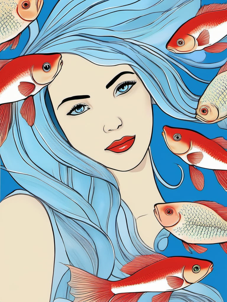 1NK , <lora:1NK:1>,The image an illustration of a woman with long, wavy blue hair. She is wearing a white tank top and has a red fish on her shoulder. The fish is a betta splendens, which is a type of fish native to the ocean. The woman has a serious expression on her face and is looking off to the side. The background is a light blue color with white coral-like patterns. The overall style of the illustration is whimsical and dreamlike.