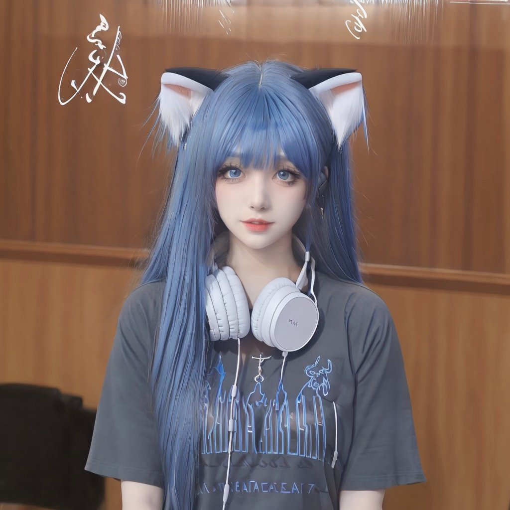 1girl,headphones_around_neck,headphones,solo,animal_ears,cat_ears,long_hair,blue_hair,arms behind back,<lora:da:0.8>,