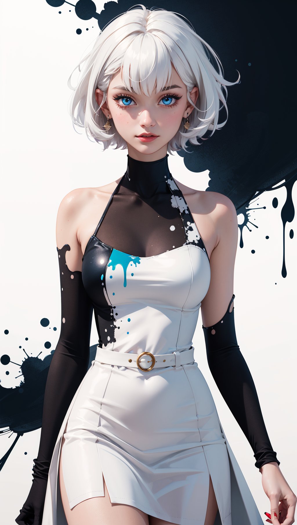 a woman with white hair and blue eyes is in a white dress, with a black background and a splash of paint,